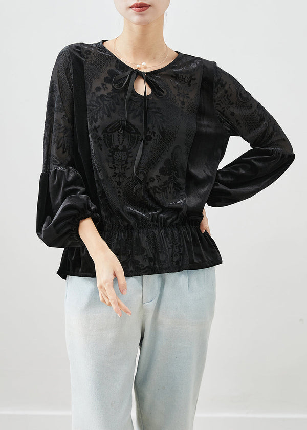 Classy Black Jacquard Tie Neck Silk Velour Tops Fall