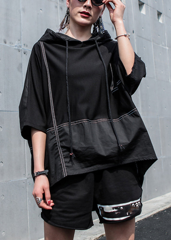 Classy Black O-Neck Patchwork Drawstring Hooded Coats Half Sleeve