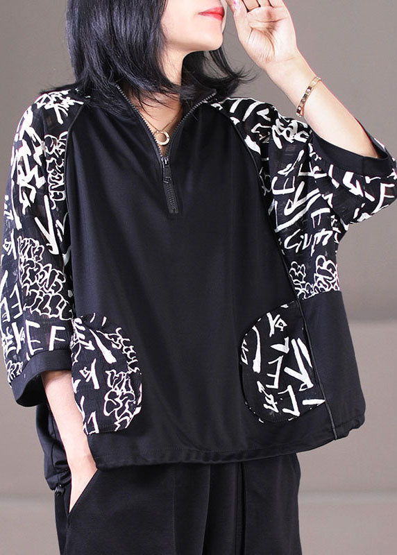 Classy Black Stand Collar Zip Up Pockets Patchwork Print Cotton Loose Sweatshirt Short Sleeve