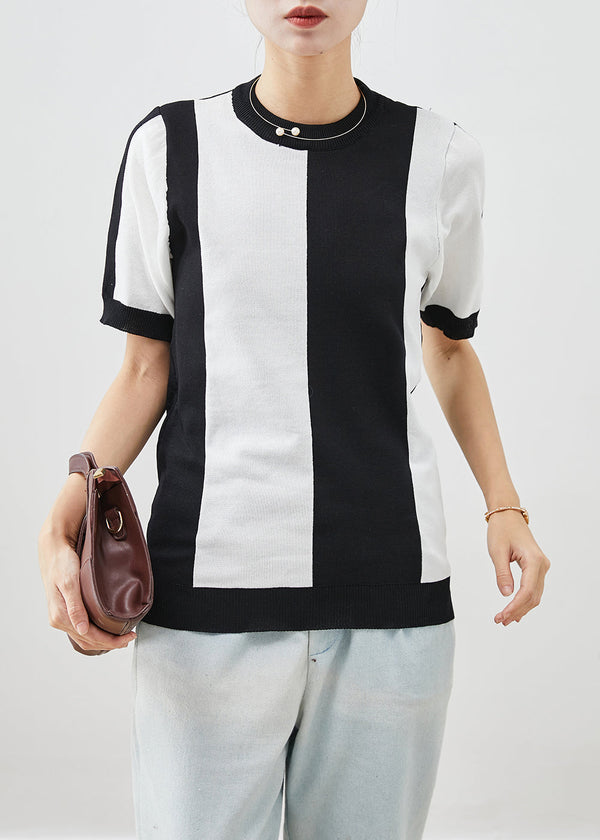 Classy Black White Striped Knit Tank Short Sleeve