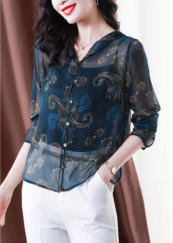 Classy Blue Embroidered Button Hooded Tulle Coat Long Sleeve