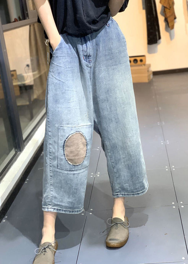 Classy Blue Patchwork High Waist Denim Crop Pants Summer