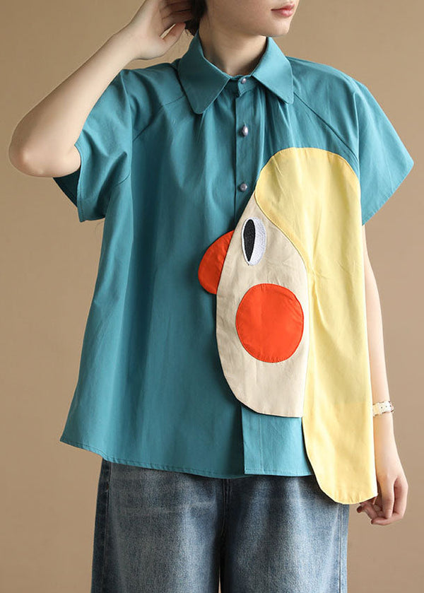 Classy Blue Peter Pan Collar Patchwork Character Applique Cotton Top Short Sleeve