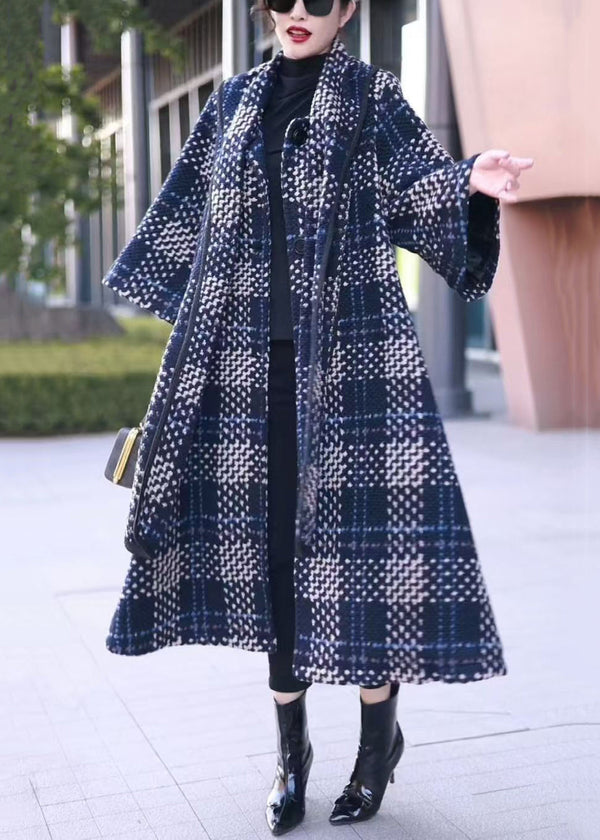 Classy Blue Plaid Bow Button Loose Woolen Coats Winter