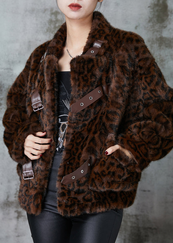 Classy Brown Leopard Print Pockets Faux Fur Coat Winter