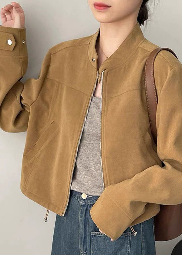 Classy Brown O-Neck Zippered Button Coats Spring