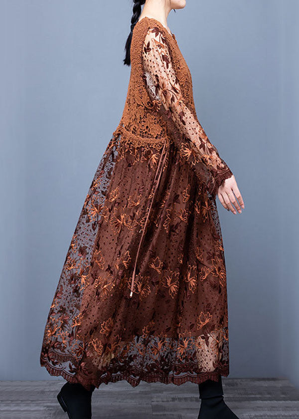 Classy Coffee Lace Embroidered Patchwork Dresses Spring