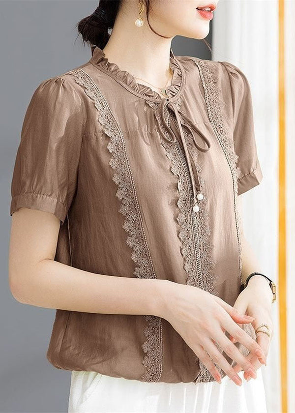 Classy Coffee Ruffled Lace Patchwork Cotton Blouse Tops Summer