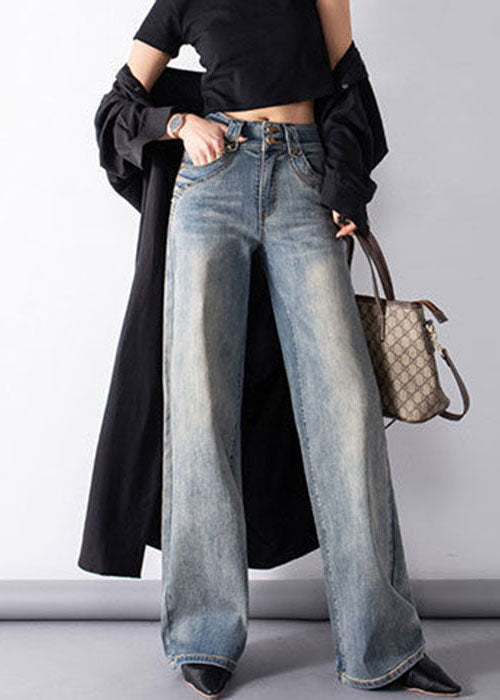 Classy Denim Blue High Waist Pockets Draping Cotton Straight Pants Summer