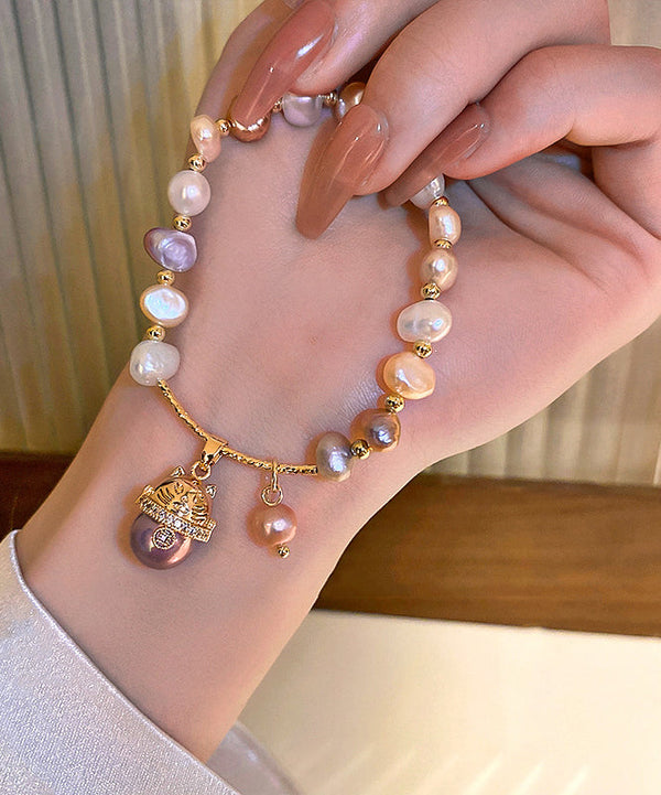 Classy Gold Copper Zircon Pearl Lucky Cat Charm Bracelet