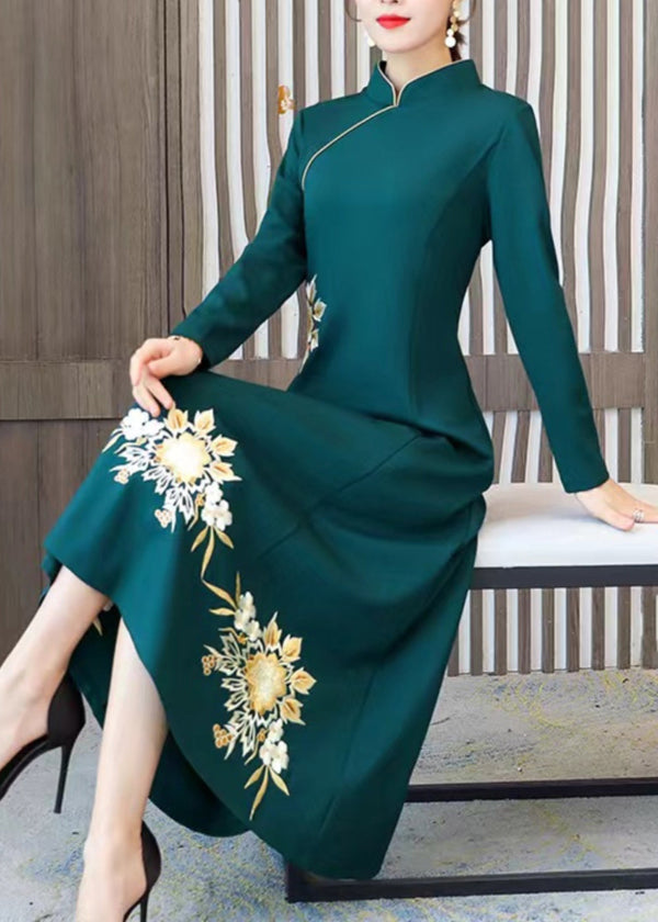 Classy Green Embroidered Patchwork Cotton Maxi Dresses Fall