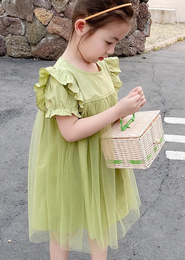 Classy Green O-Neck Ruffled Patchwork Tulle Girls Long Dresses Summer