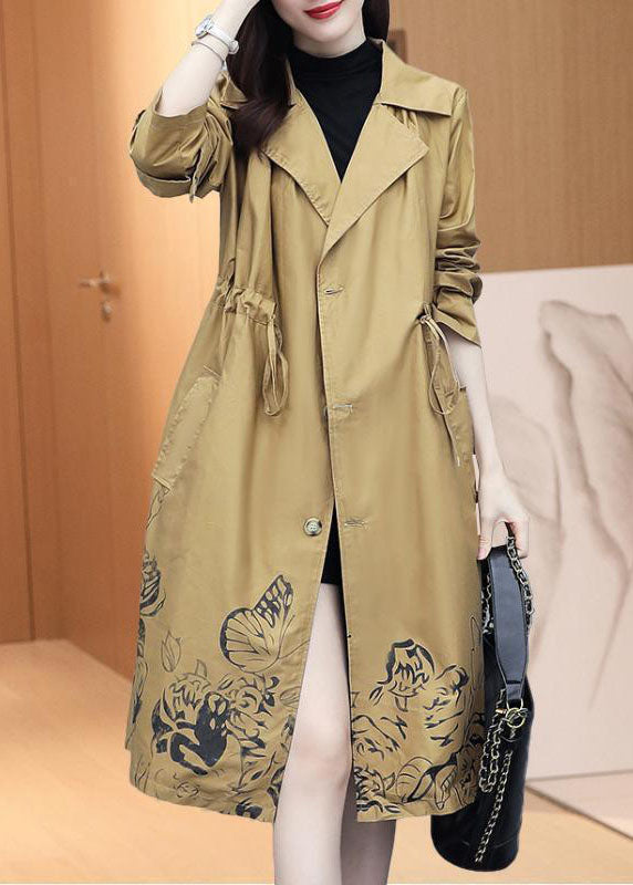 Classy Khaki Notched Print Drawstring Trench Coats Fall