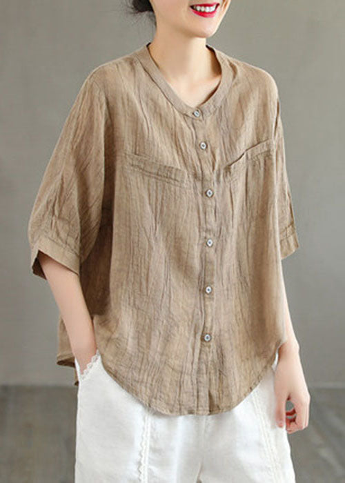 Classy Khaki O-Neck Button Solid Color Wrinkled Linen Shirt Top Half Sleeve