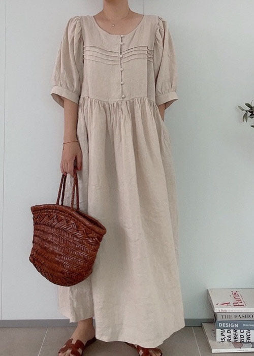 Classy Khaki O Neck Patchwork Wrinkled Linen Dress Summer