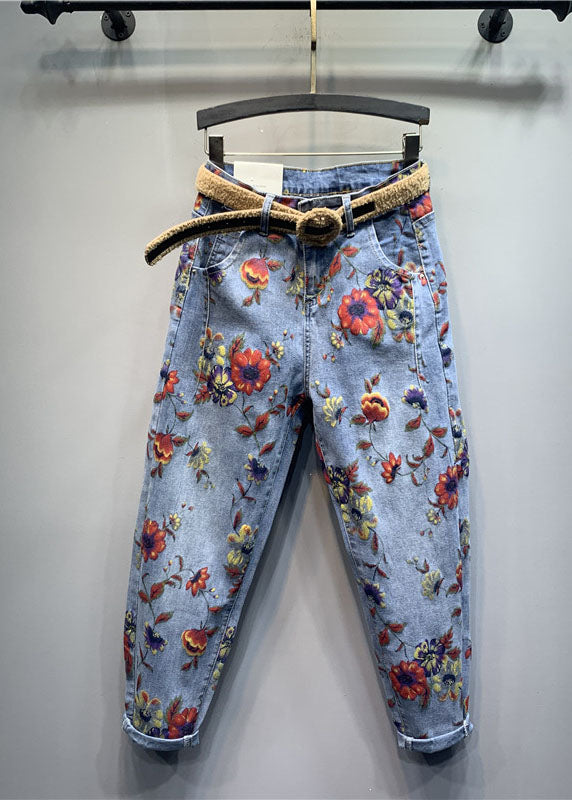 Classy Light Blue Floral Patchwork Zippered Jeans Fall