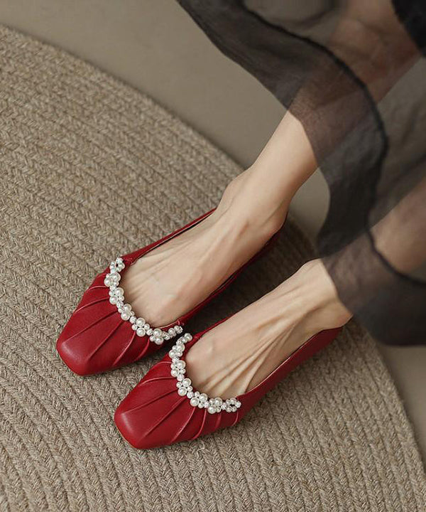 Classy Mulberry Flat Shoes Cowhide Leather Soft Splicing Nail Bead