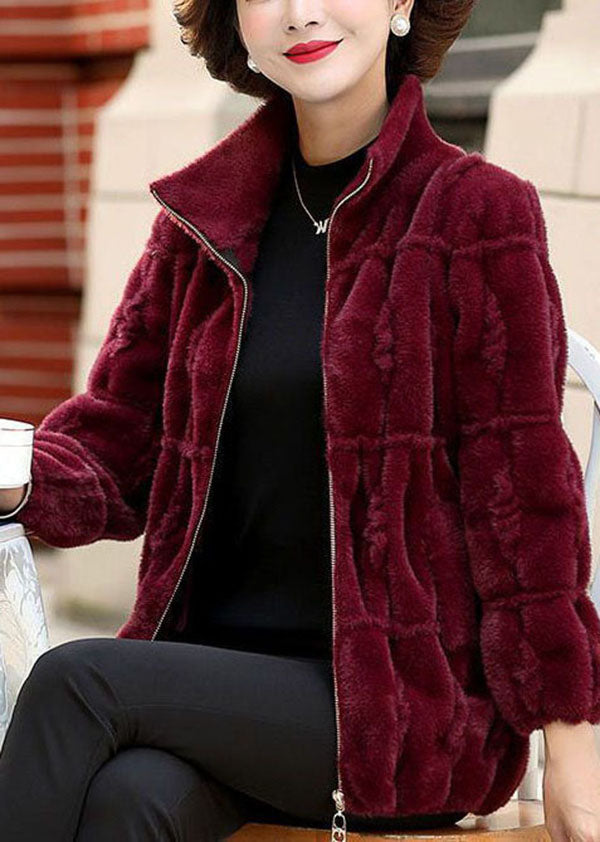 Classy Mulberry Peter Pan Collar Zip Up Mink Hair Knitted Coat Winter