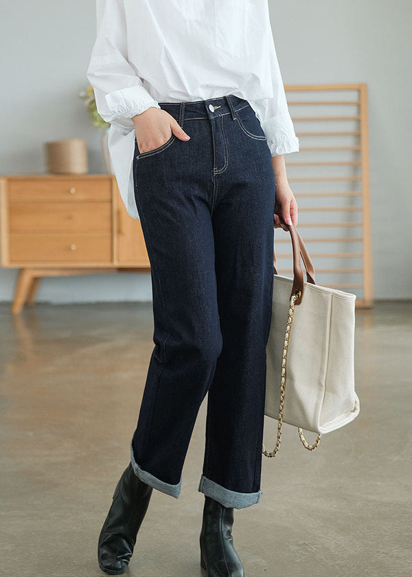 Classy Navy High Waist Cotton Denim Pants Fall