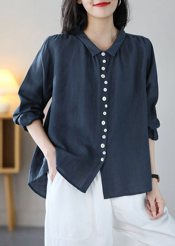 Classy Navy Peter Pan Collar Button Linen Shirt Tops Long Sleeve