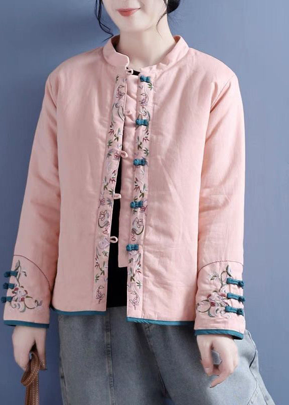 Classy Pink Embroidered Chinese Button Fine Cotton Filled Jacket Winter