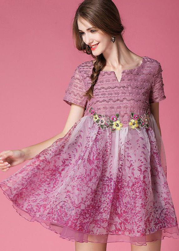 Classy Pink Embroidered Patchwork Wrinkled Organza Dress Short Sleeve