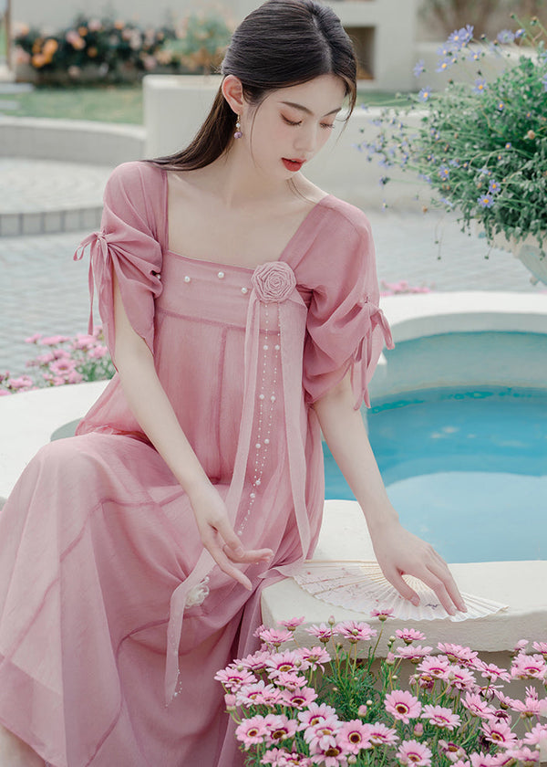 Classy Pink Floral Drawstring Patchwork Chiffon Dress Summer