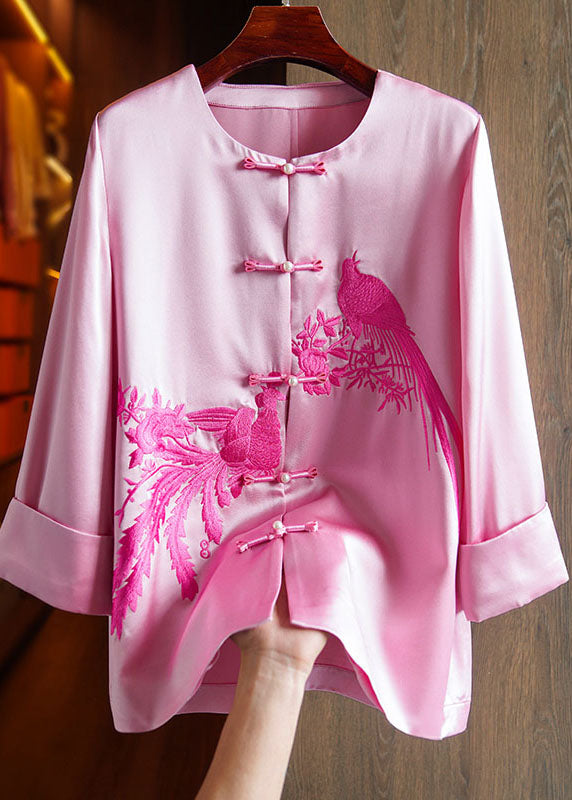 Classy Pink O-Neck Embroidered Floral Silk Top Long Sleeve