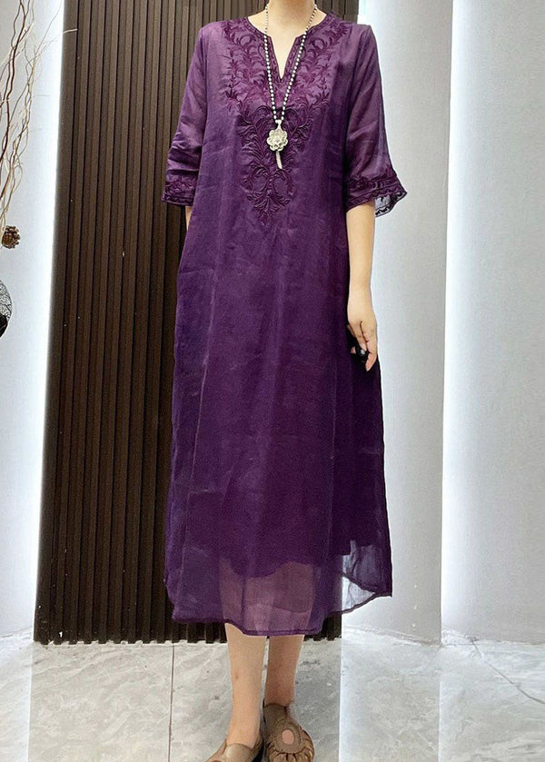 Classy Purple Embroidered Patchwork Linen Dress Two Pieces Set Summer