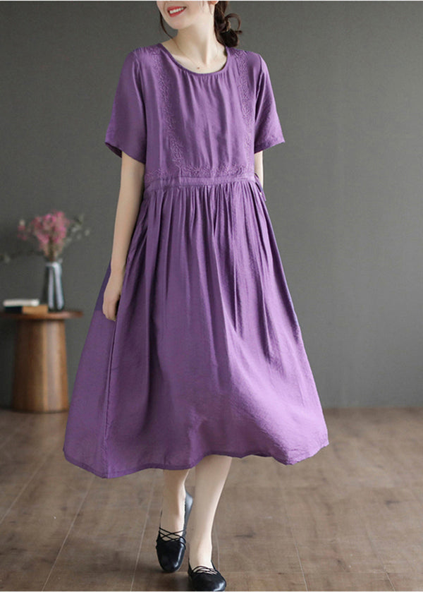 Classy Purple O-Neck Embroidered Cotton Dress Summer