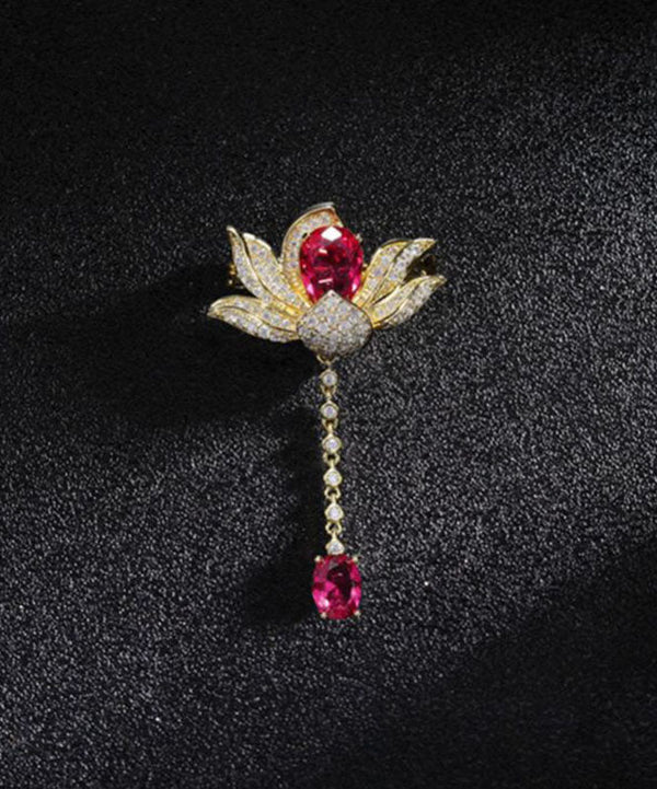 Classy Red Alloy Zircon Crystal Lotus Tassel Brooches