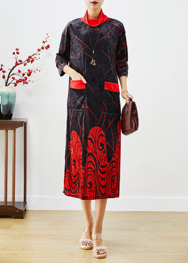 Classy Red Turtle Neck Print Silk Velour Long Dress Half Sleeve