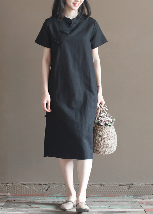 Classy Solid Black Stand Collar Oriental Button Cotton Linen Cheongsam Dresses Short Sleeve