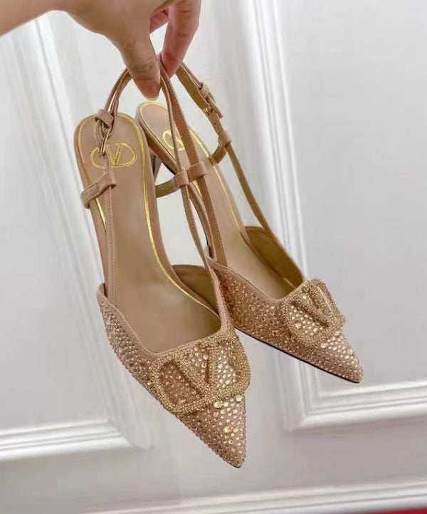 Classy Stiletto Sandals Apricot Sheepskin Pointed Toe Zircon