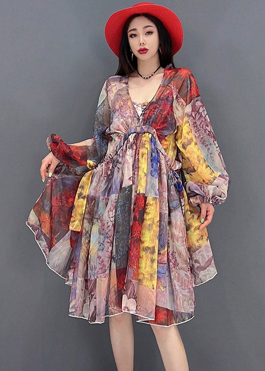 Classy V Neck Print Wrinkled Chiffon Party Dresses Long Sleeve