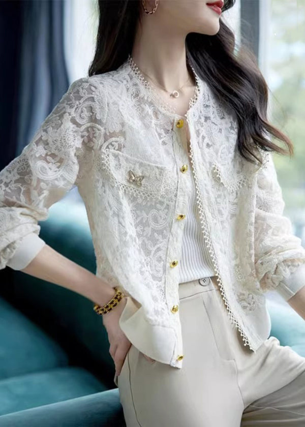 Classy White Hollow Out Button Lace Coats Long Sleeve