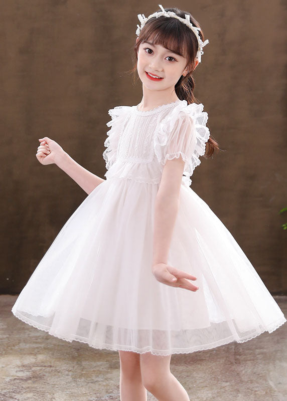 Classy White Ruffled Patchwork Tulle Kids Girls Dresses Summer