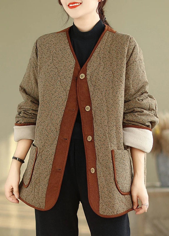 Coffee Button Pockets Warm Fleece Winter Coats V Neck