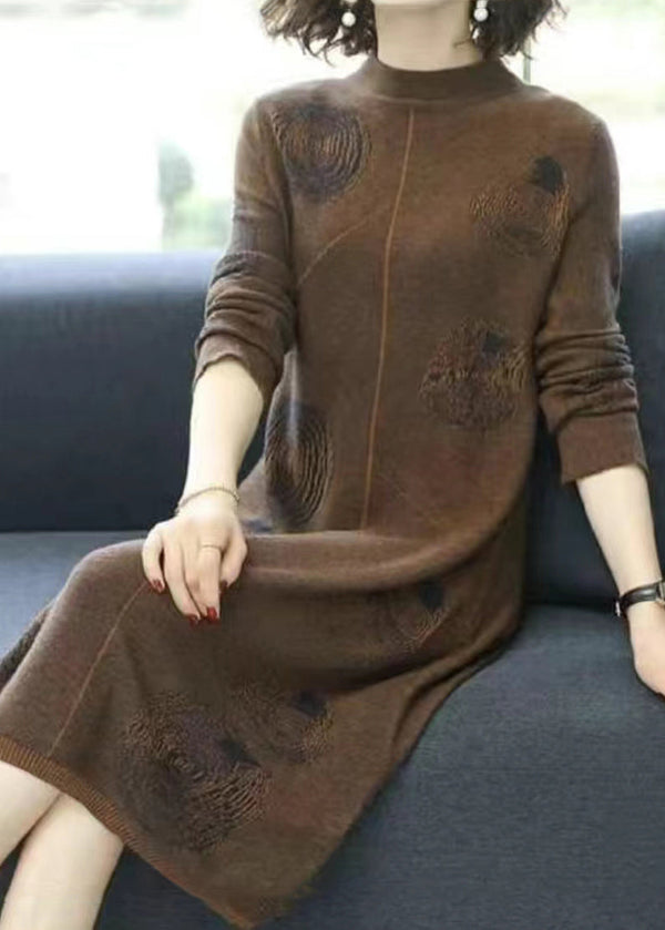 Coffee Cozy Cotton Knit Long Dress Turtleneck Long Sleeve