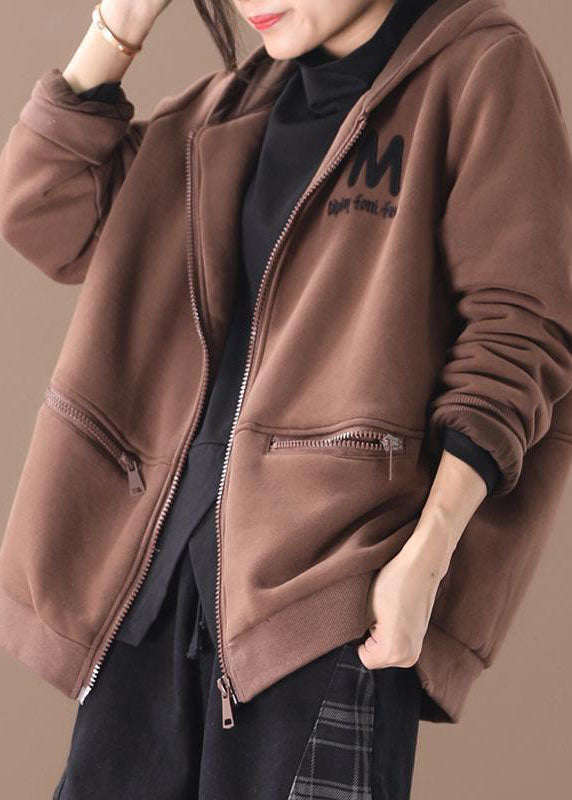 Chocolate Embroidered Warm Fleece Coats Hooded Zip Up Winter