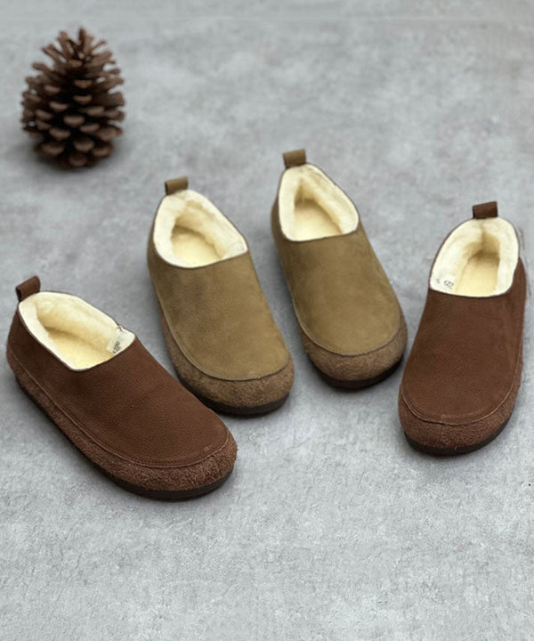 Chocolate Flats Cowhide Leather Casual Fuzzy Wool Lined Flats