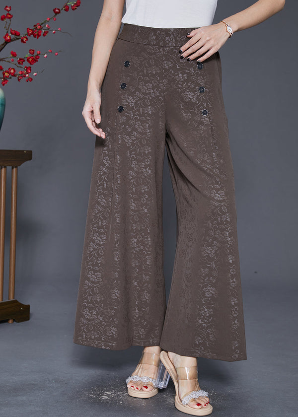 Coffee Jacquard Silk Pants Skirt High Waist Double Breast Fall