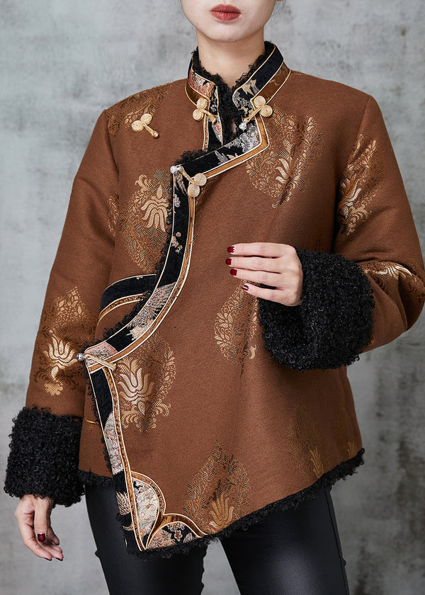 Coffee Jacquard Warm Fleece Coats Chinese Button Spring