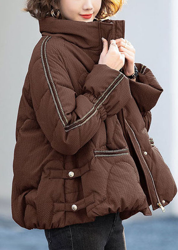 Chocolate Oversized Duck Down Down Jacket Stand Collar Zippered Winter