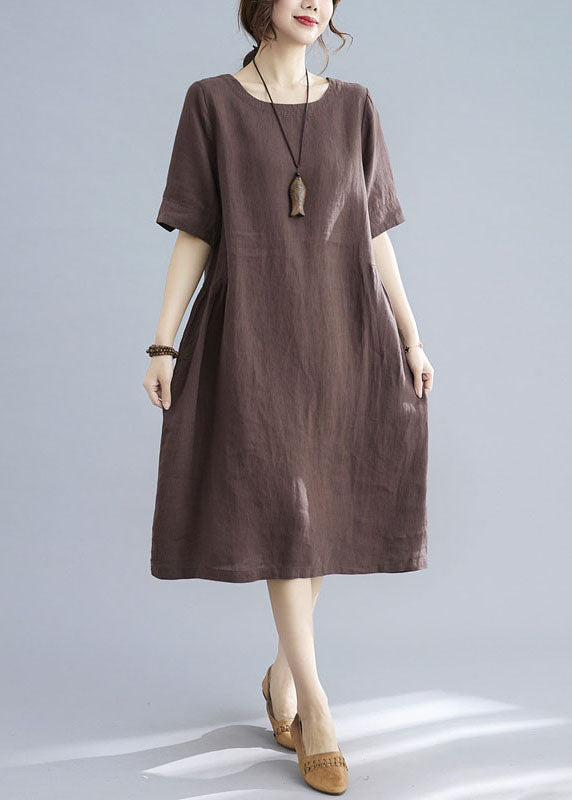 Coffee Patchwork Cotton Dress O Neck Wrinkled Short Sleeve