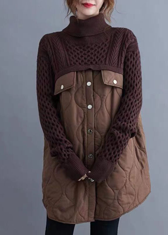 Chocolate Patchwork Knit Long Sweater Fine Cotton Filled Turtle Neck Winter