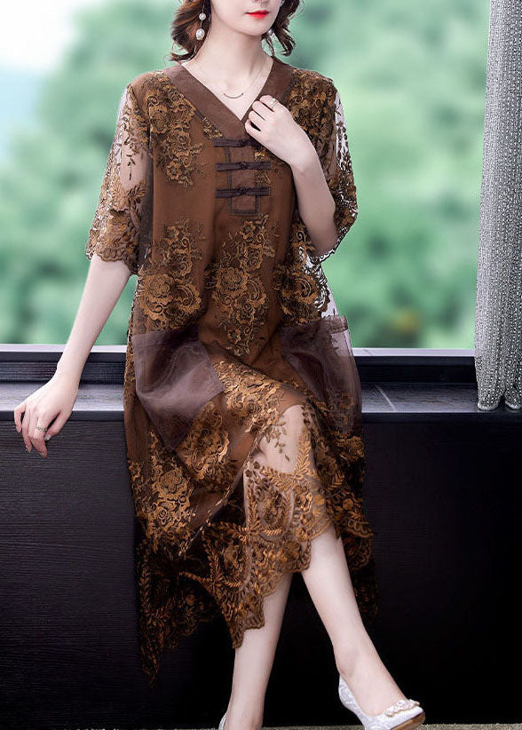 Chocolate Patchwork Lace Maxi Dresses V Neck Embroidered Summer