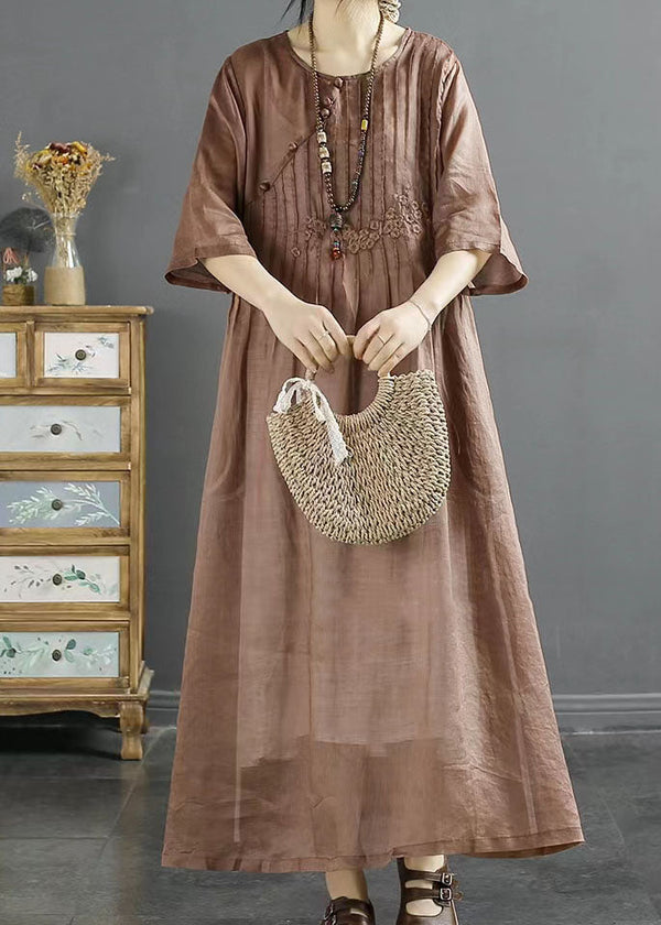 Coffee Patchwork Linen Dress O Neck Wrinkled Embroidered Summer