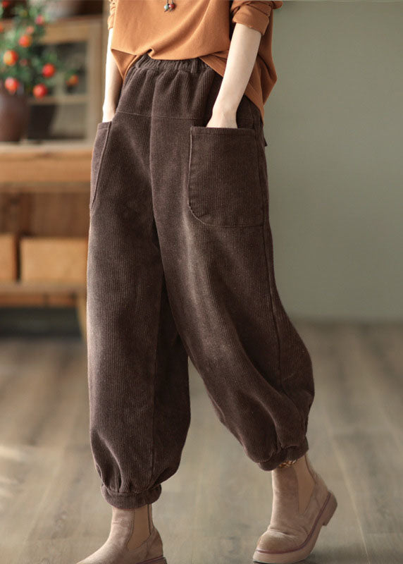 Chocolate Patchwork Warm Fleece Harem Pants Elastic Waist Pockets Winter