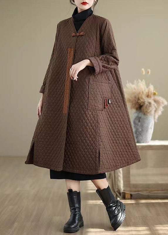 Coffee Pockets Fine Cotton Filled Women Retro Coats V Neck Winter